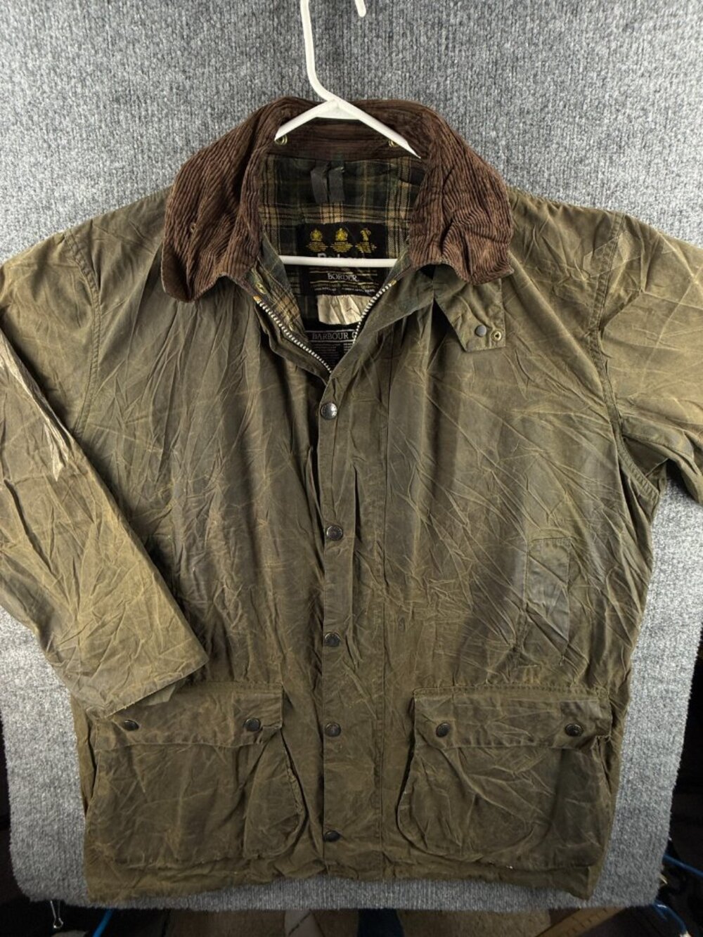 Barbour Border A200 Size 46 Green Waxed Jacket Men Full Zip Corduroy Collar